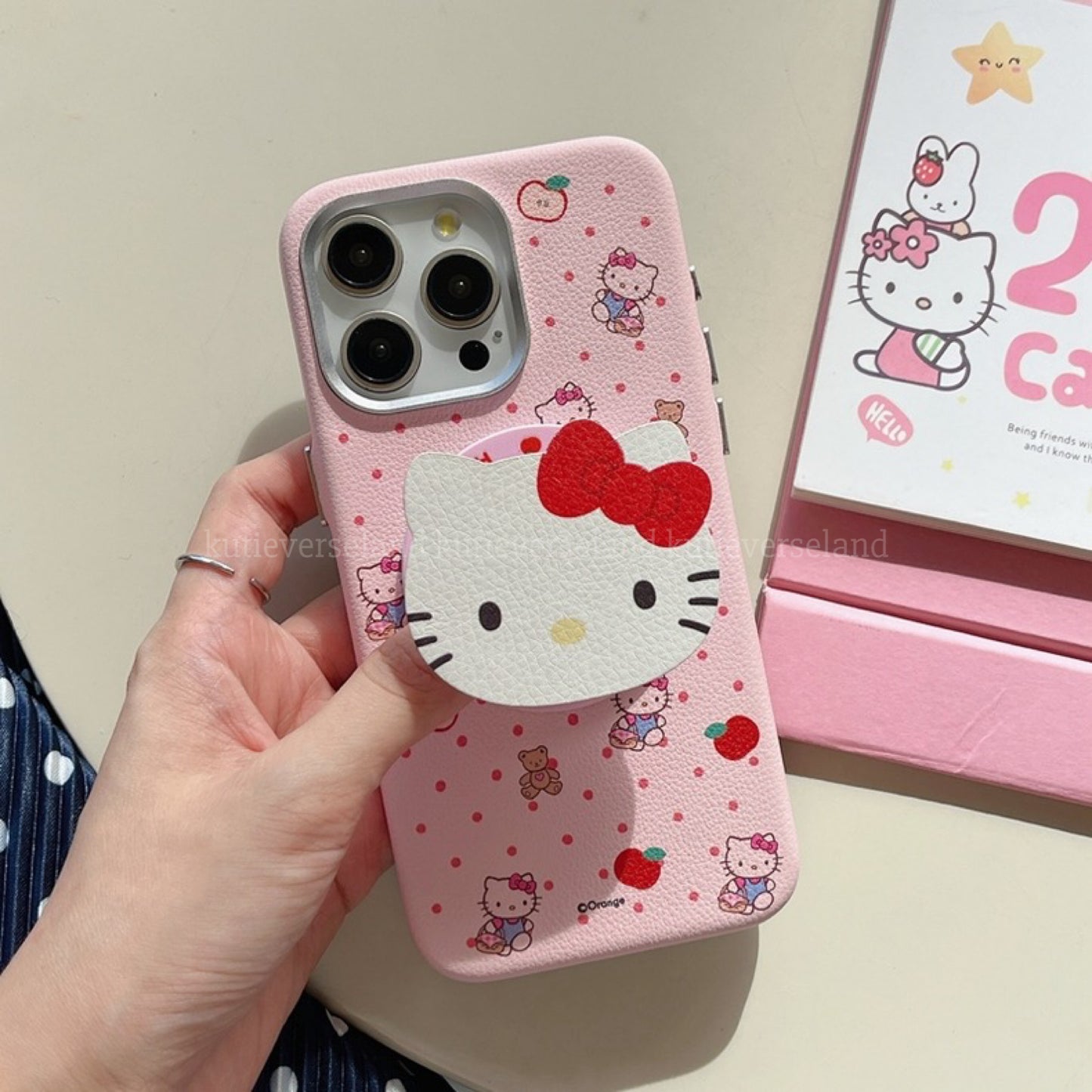 Cute Cartoon Cat KTY Teddy Bear Apple Polka Dots PU MagSafe iPhone Case with MagSafe Stand Holder