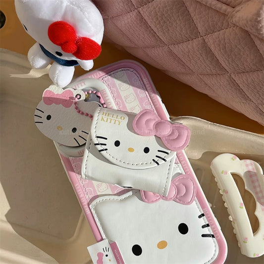 Cute Cartoon Stripes Cat KTY PU Cardholder iPhone Case and Matching AirPods Case with Pendant Charm