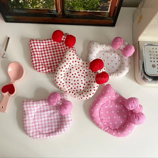 Cute Checkered Polka Dots Hearts Puffy Bow Ribbon Cat KTY Handmade Coaster