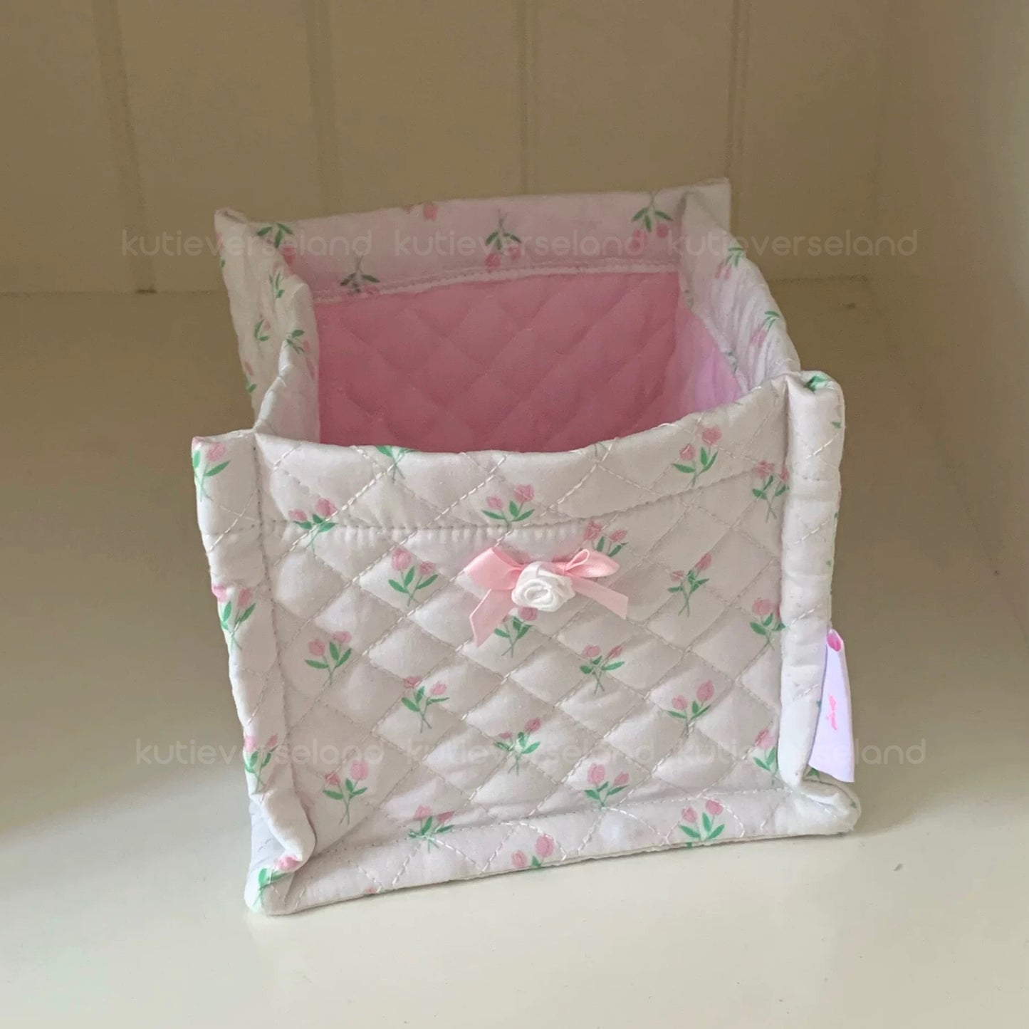 Cute Coquette Bow Ribbon Hearts Floral Handmade Fabric Storage Basket