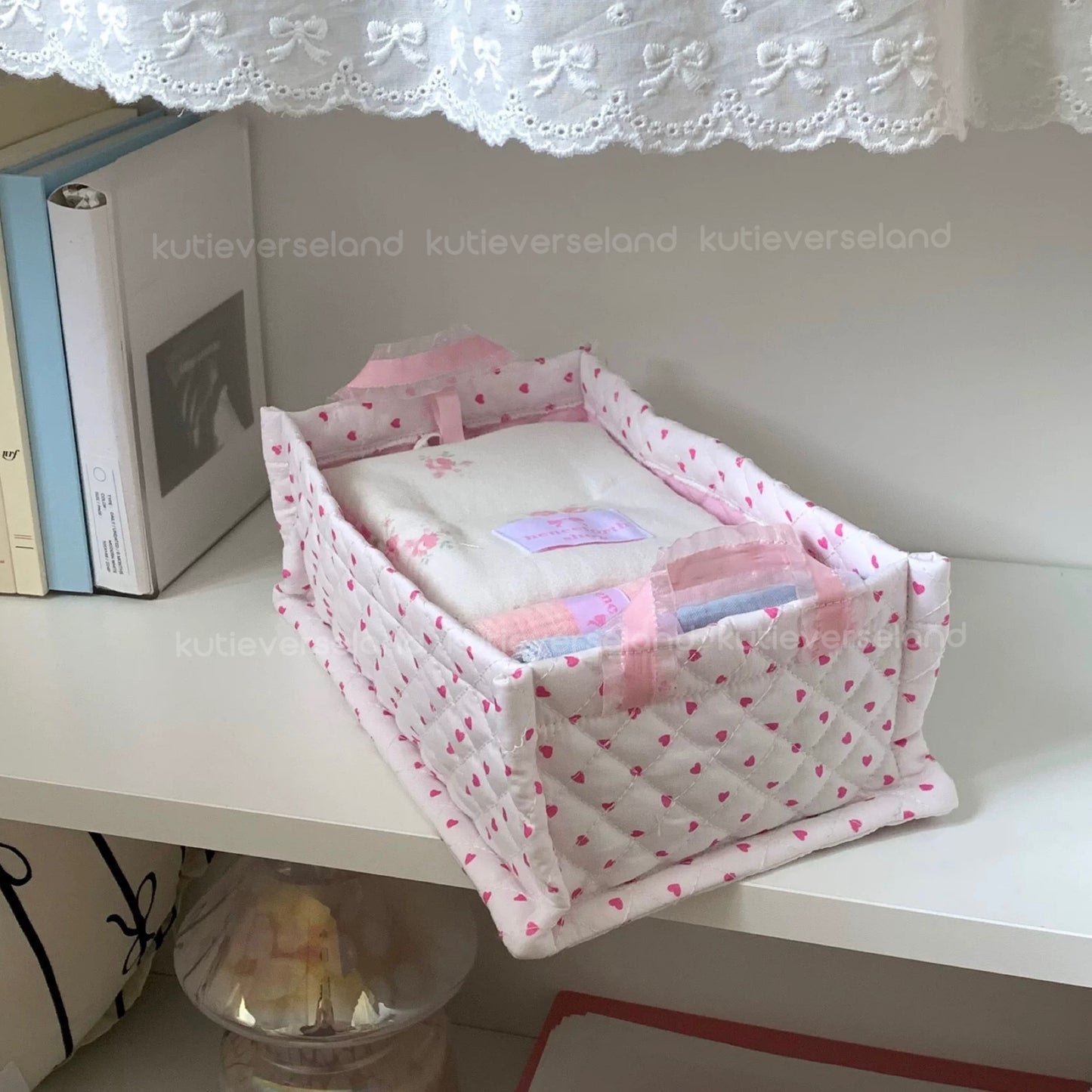 Panier de rangement rectangulaire en tissu fait main avec nœud et ruban, joli et coquet