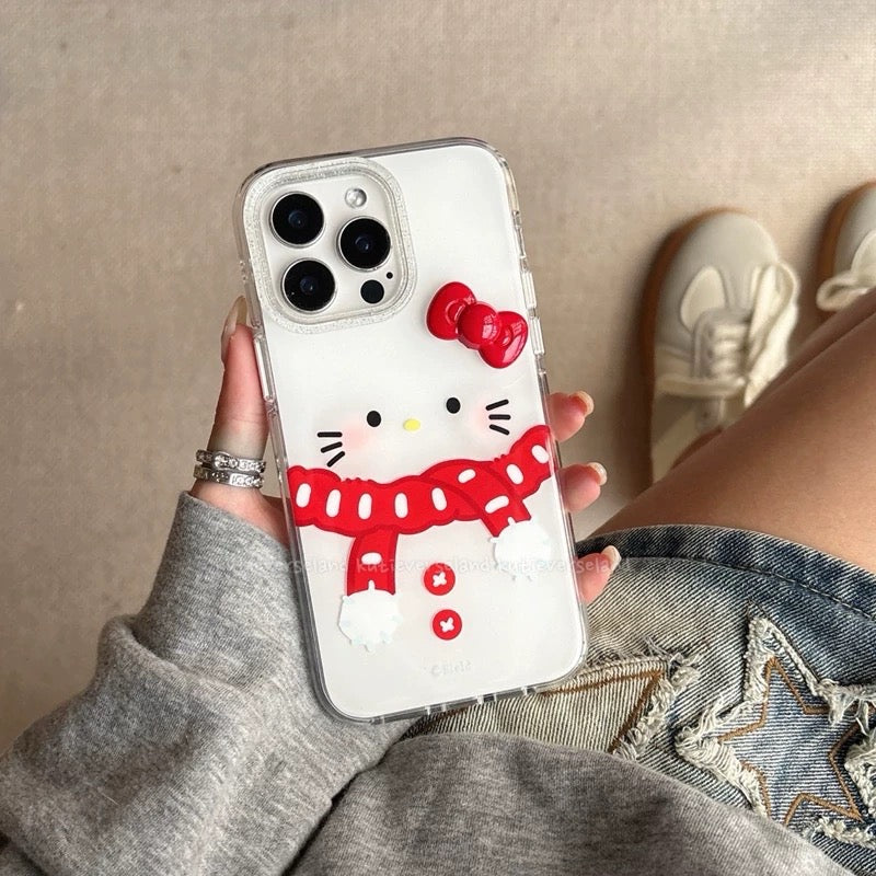 [Seasonal Favorites] Cute Cartoon Christmas Red Scarf Cat KTY Mini Bow Ribbon iPhone Case